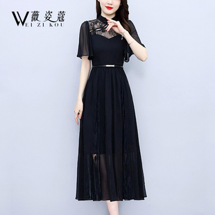 新中式连衣裙2024女装夏季气质，高端显瘦黑色，蕾丝雪纺中长裙子