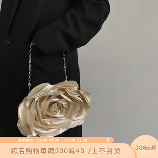 三环路复古时尚千禧年晚宴包花朵(包花朵)手拿女包，纯色玫瑰斜挎包手拎小包