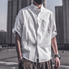 日系短袖衬衫男夏季薄款纯色工装白衬衣设计感宽松休闲外套七分袖