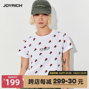 joyrich美式复古满印玫瑰花，短款短袖t恤女款春夏，黑白色体恤