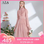 艾丽丝2024春季长袖刺绣，荷叶领粉色蛋糕裙，甜美复古中长款连衣裙子