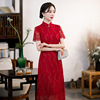 2024春红色短袖蕾丝旗袍，复古改良版修身a字连衣裙便装新娘服