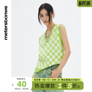 美特斯邦威马甲女春秋格子提花毛织背心百搭休闲无袖V领