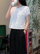 新中式盘扣短袖蕾丝女大码胖MM2024立领时尚百搭显瘦开衫上衣