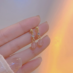 925银针粉色水晶耳钉女长款甜美草莓晶耳饰高级感小众设计感耳环
