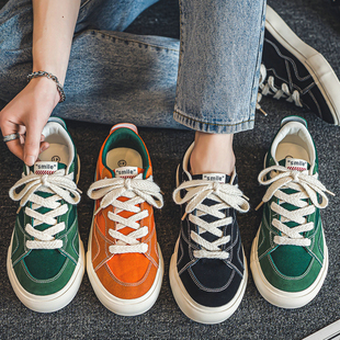 滑板鞋男鞋子夏季橙色，帆布透气复古绿色磨砂，低帮小众潮牌小众板鞋
