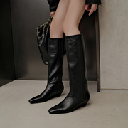 高定版~2023欧美时装气质真皮，骑士靴女方头坡跟高筒靴不过膝长靴
