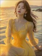 黄色雪纺连衣裙春装女2024年女海边度假超仙法式遮肚子长裙子