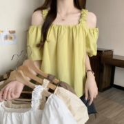 韩版衬衫女夏季宽松一字领吊带，露肩减龄衬衣小众设计感小个子上衣