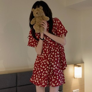 睡衣女夏季短袖2022年ins风韩版薄款红色碎花夏天家居服套装