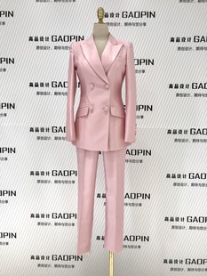 粉色西装女双排扣修身款主持艺考西服外套气质，高端职业九分裤套装