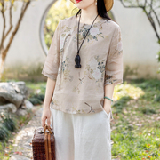 念江南苎麻原创新中式，设计感盘扣圆领上衣，夏款素雅复古棉麻衬衫