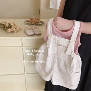 韩版童装女童夏装套装2023洋气时髦碎花背带短裤宝宝两件套