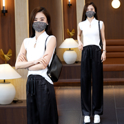 新中式国风套装女2024夏季盘扣立领上衣窄版冰丝阔腿裤两件套