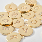 铜镀14k真金色锆石字母硬币金币，圆牌吊坠diy耳环项链颈链材料配件