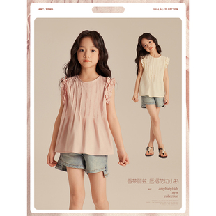 amybaby女童衬衫夏季2024日系，复古褶甜美木，耳边无袖背心上衣