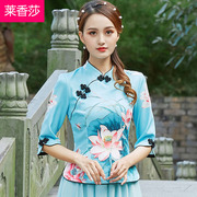 中国风短袖套装女中式唐装盘扣印花茶服民国女装改良汉服旗袍上衣