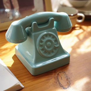 复古情怀 老式电话陶瓷摆件 蒂芙尼蓝创意家居咖啡馆店铺装饰座机