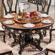 欧式餐桌 美式全实木雕花大理石圆桌新古典黑檀色家用饭桌餐