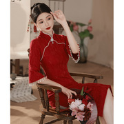 新中式旗袍敬酒服新娘，红色2023订婚礼服，长袖回门连衣裙秋冬季