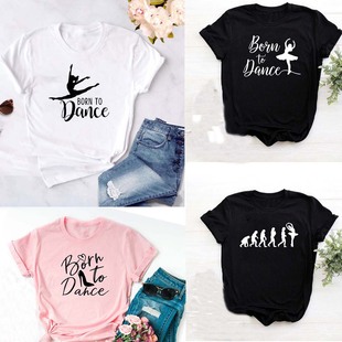 danceletterprintt-shirt欧美芭蕾舞剪影字母印花女士，t恤宽松