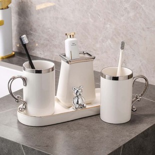 骨瓷漱口杯陶瓷刷牙杯情侣，一对杯银色卫浴套装，浴室简约洗漱杯现代