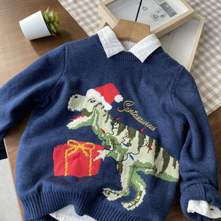 大厂织机工艺 连反面都很细致 欧美范 男童宝宝圣诞恐龙毛衣