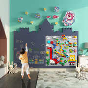 儿童房间积木黑板墙面二合一磁性涂鸦装饰壁纸网红草莓熊公仔布置