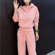 欧洲站粉色时尚套装女时髦洋派秋冬加绒连帽运动衫休闲运动裤两件