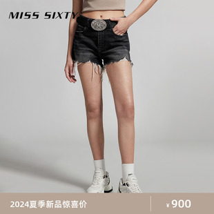 misssixty2024夏季牛仔短裤，女复古磨破烂设计高腰显瘦黑灰色