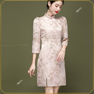 新中式国风改良版旗袍，短款春夏气质修身连衣裙，日常新娘敬酒服