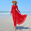 独特设计感连衣裙2024女红色雪纺，收腰显瘦长裙沙滩裙海边度假
