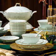 景德镇青瓷玲珑高档陶瓷餐具，套装釉下彩碗碟套装，家用碗盘乔迁送礼