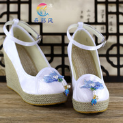 民族风女鞋白色超高跟坡跟中式汉服配旗袍鞋子七彩民风布鞋绣花鞋
