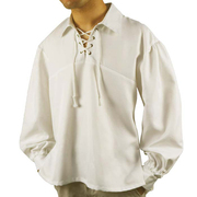 欧美中世纪万圣节复古男士纯色衬衫，宽松翻领绑带长袖舞台演cos服