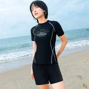 分体泳衣女2024年短袖平角裤运动游泳训练显瘦遮肚女士泳装