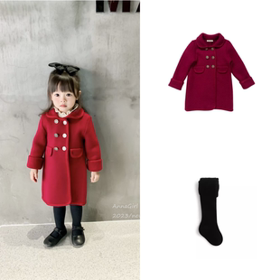 annagirl女童ins英伦羊毛，呢子大衣中长款宝宝，酒红色新年加厚外套