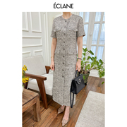 eclane春季法式复古小香风，圆领短袖连衣裙高级感优雅气质长裙收腰