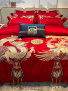 中式龙凤刺绣全贡缎提花四件套红色婚庆结婚被套床上用品棉100支