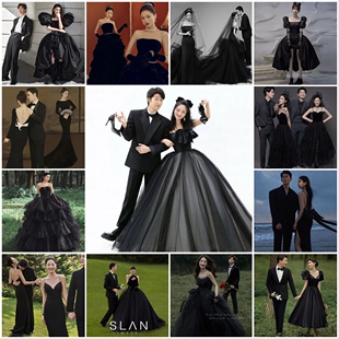影楼主题拍照服装森系缎面，赫本风摄影复古风，丝绒黑色婚纱礼服