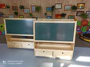 幼儿园儿童双面，可移动磁性黑板柜子松木原木，柜式绿白黑板
