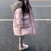 2023加厚保暖外套女童韩版大毛领连帽棉服儿童中长款时尚棉衣