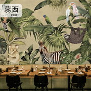 热带雨林电视背景墙壁纸东南亚墙纸植物墙布手绘壁布餐厅壁画卧室