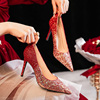 红色水晶婚鞋女两穿尖头高跟鞋渐变法式高级细跟秀禾服新娘鞋