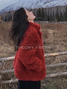 theoryfresh法式秋冬红色小香风，立领环保羊羔毛加厚(毛，加厚)大衣外套女装