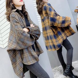 格子衬衫女秋冬韩国复古中长款拼色长袖毛绒衬衣，宽松加厚毛呢外套