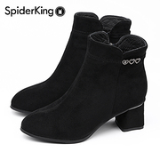 蜘蛛王老款断码处理短靴女冬季绒面加绒粗跟靴子简约尖头短筒靴