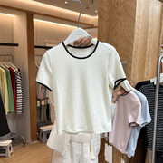 东大门女装2024夏款韩版简约撞色短袖T恤收腰显瘦短款体恤上衣女