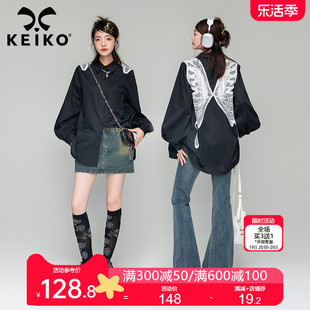 keiko刺绣蝴蝶花黑色长袖，衬衫女2024春夏设计感小众韩版宽松上衣