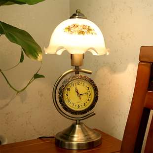 欧式复古田园古典卧室床头灯新中式带钟表可调光书房装饰玻璃台灯